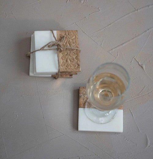 Square Marble and Wood Carved Coasters