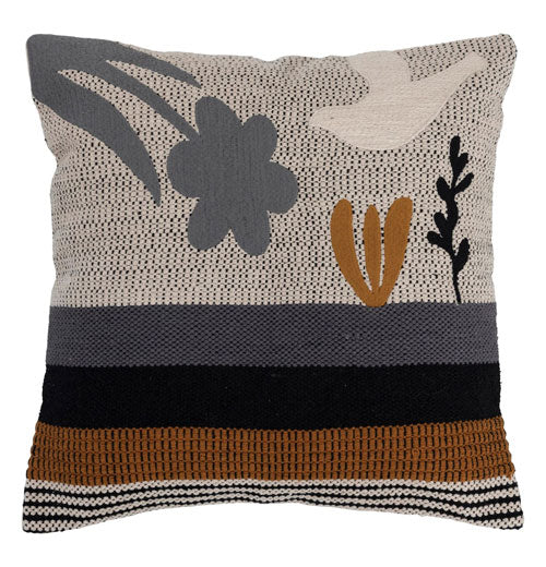 Square Cotton Pillow with Bird and Florals