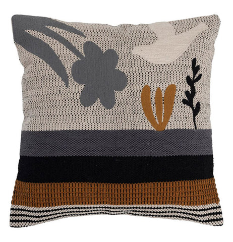 Square Cotton Pillow with Bird and Florals