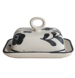 Hand-Painted Stoneware Butter Dish with Floral Design, Matte Black & Cream Color Speckled