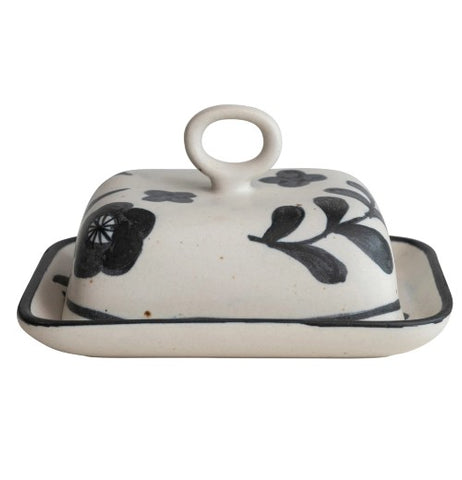 Hand-Painted Stoneware Butter Dish with Floral Design, Matte Black & Cream Color Speckled