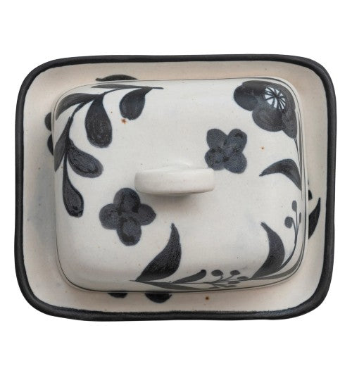Hand-Painted Stoneware Butter Dish with Floral Design, Matte Black &amp; Cream Color Speckled