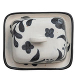 Hand-Painted Stoneware Butter Dish with Floral Design, Matte Black & Cream Color Speckled