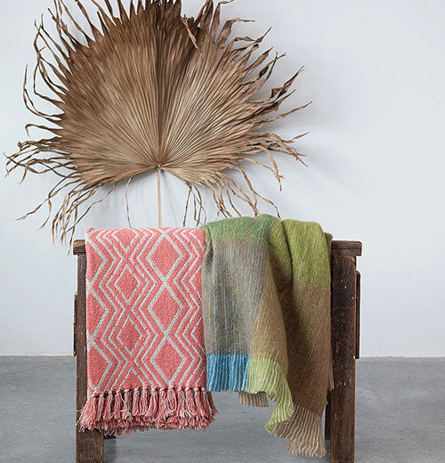 Printed Throw with Geometric Pattern &amp; Fringe