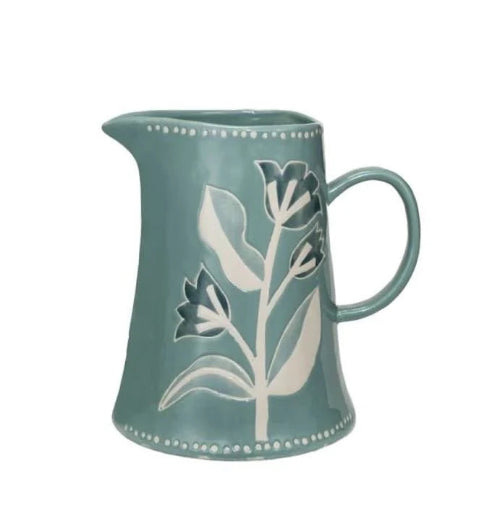 Stoneware Pitcher with Wax Relief Flowers