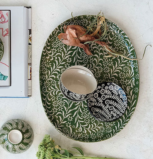 Stoneware Platter with Wax Relief Botanicals