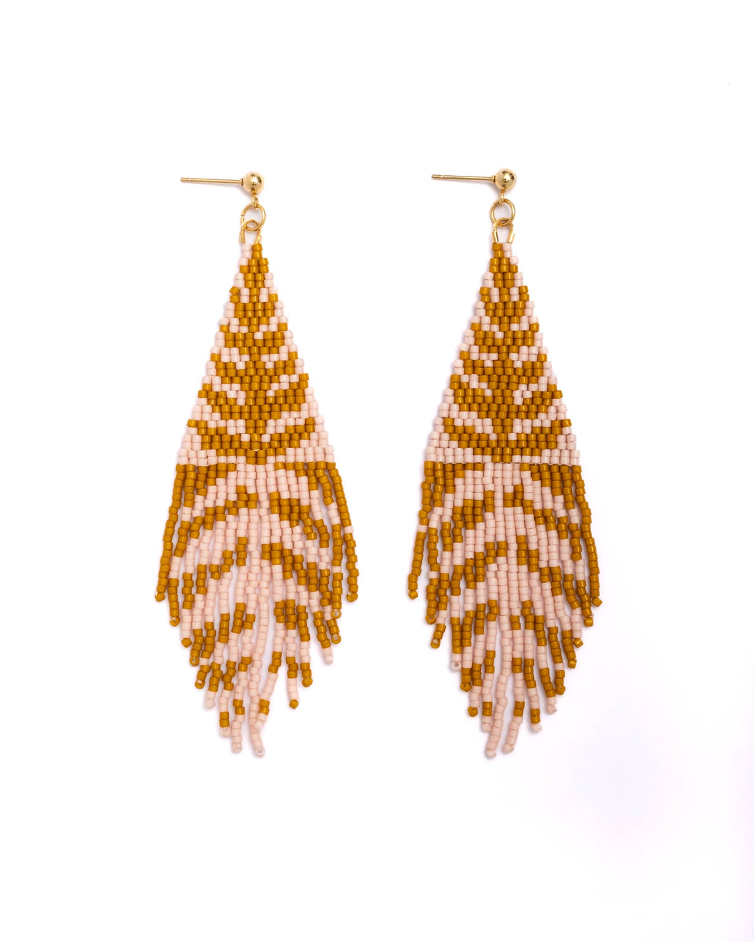 Beaded Handwoven Vine Fringe Earrings (Pink/Mustard)
