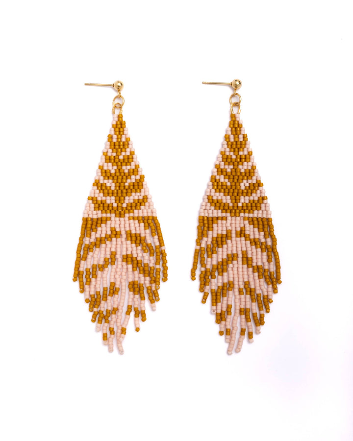 Beaded Handwoven Vine Fringe Earrings (Pink/Mustard)
