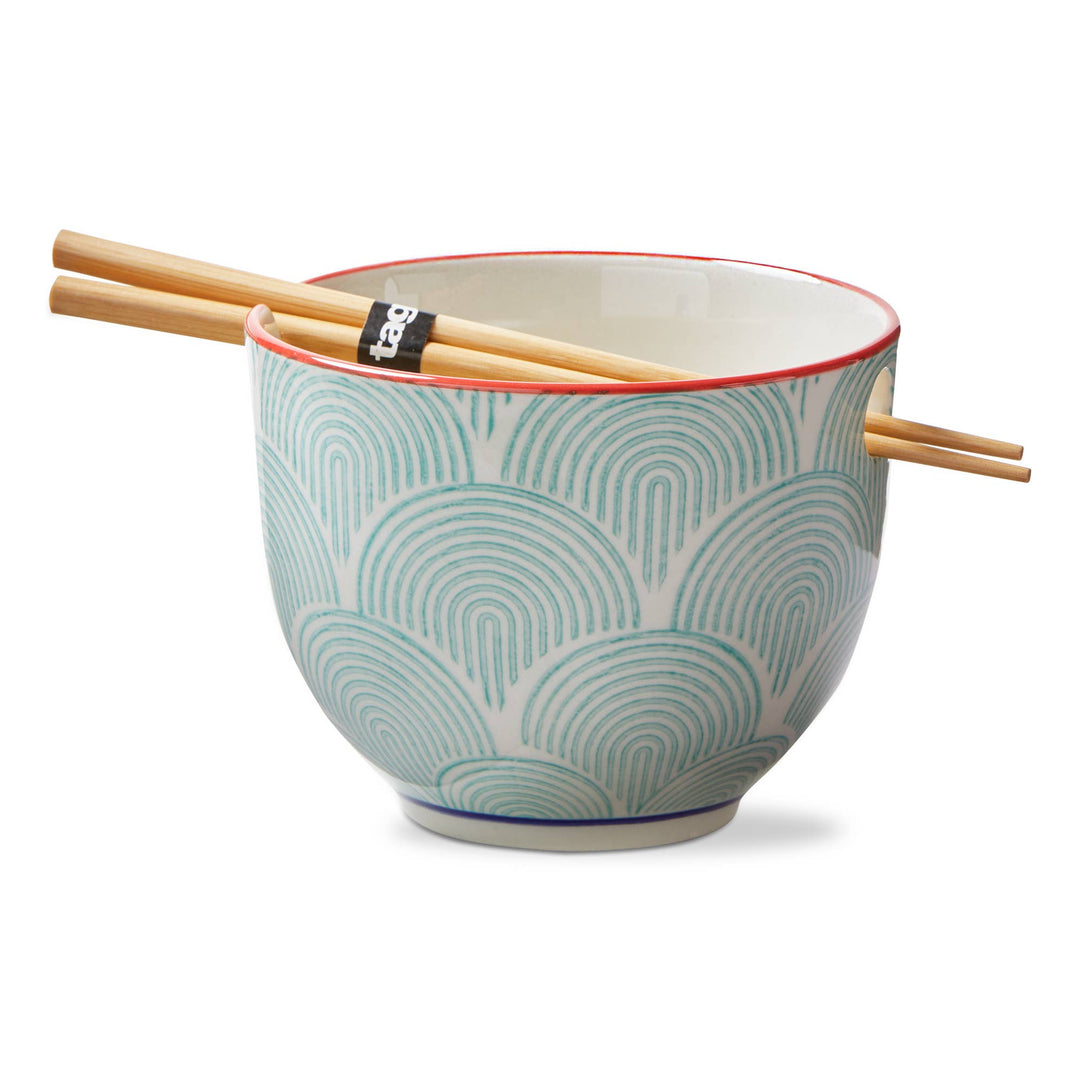 Wave Aqua Stoneware Noodle Bowl w/Chopsticks
