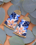 Beaded Handwoven Tropical Fringe Earrings (Blue/Peach)