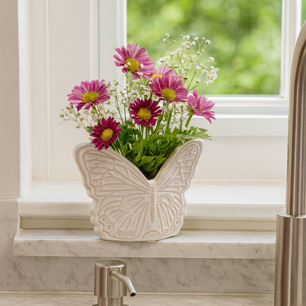 Planter - Ivory Ceramic Butterfly, 7 in.