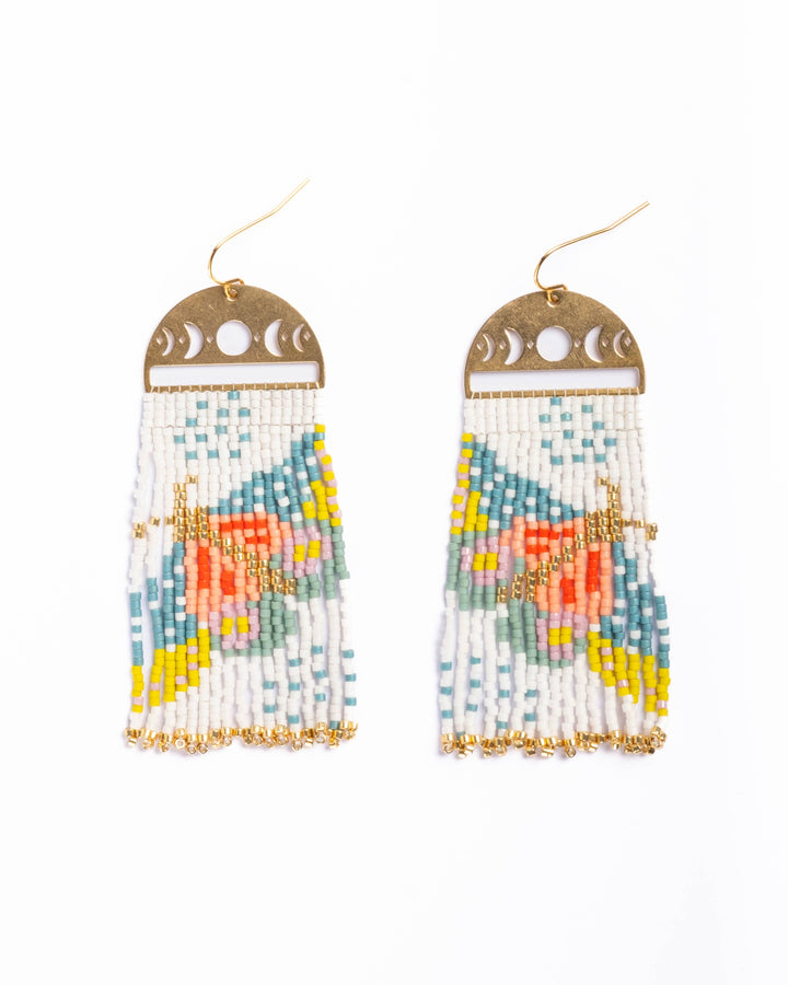 Beaded Handwoven Moonlit Moth Fringe Earrings (White)