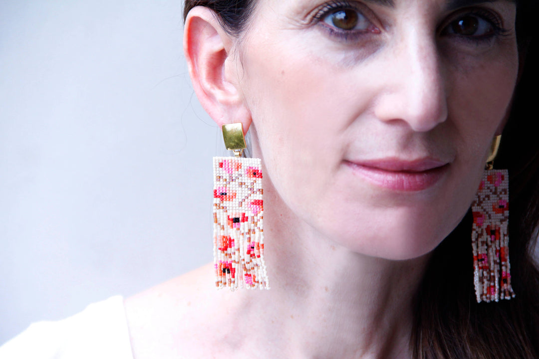 Beaded Handwoven Poppy Flower Fringe Earrings (Cream/Pink)