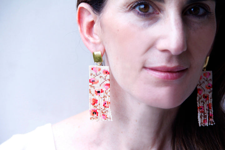 Beaded Handwoven Poppy Flower Fringe Earrings (Cream/Pink)