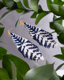 Beaded Handwoven Vine Fringe Earrings (White/Blue)