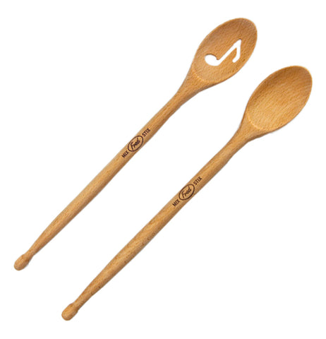 Two mixing spoons; one has a hole shaped like a musical note, and the other plain.