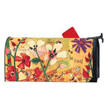 Metal mailbox wrap cover with bees and multi-colored flowers on it.