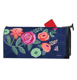 This blue mailbox cover has a design of pink and magenta roses with green leaves.
