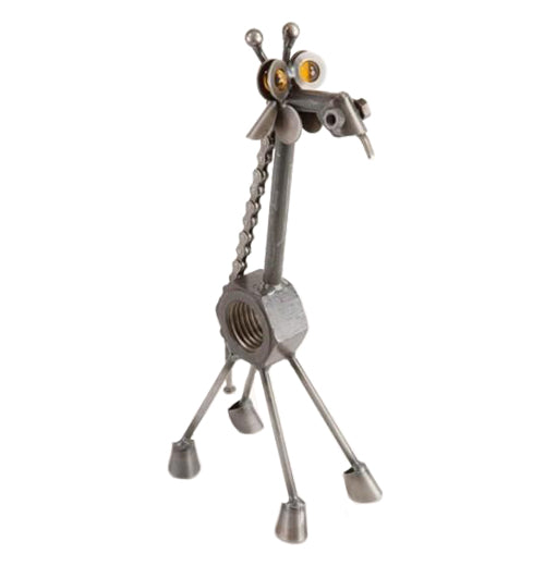 This Baby Nuts the Giraffe is silver and made of recycled metal with a lug nut for its torso and a bike chain as part of the neck.