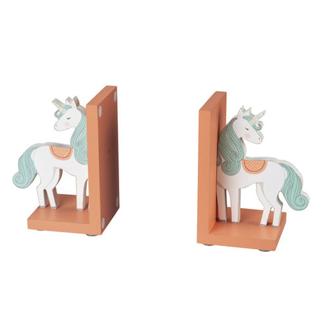 These two brown wooden "Unicorn" bookends have unicorns with glitter details on each end. 