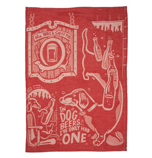 The red dish towel with the white dog image and the words, "In Dog Beers I&