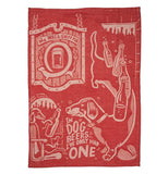 The red dish towel with the white dog image and the words, "In Dog Beers I've Only Had One" in white lettering is shown open. To the left of the dog is a white image of the dog holding a bottle and above that is a sign with the dog wrapped around the words, "The Wag and Sniff Pub" in white lettering.
