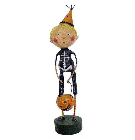 This figurine wears a black and white skeleton costume and an orange party hat while holding an orange trick or treat bucket shaped like a Jack-O-Lantern.