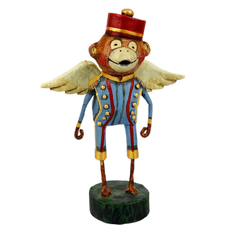 Flying monkey has a blue and gold outfit on with a red hat.