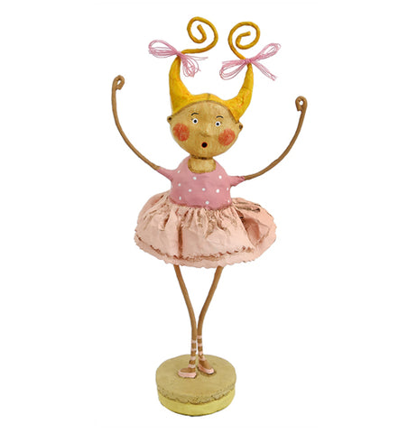 This human figurine is of a girl with blonde hair in pigtails wearing a pink ballet tutu.