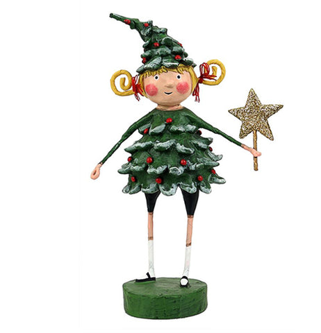 This sculpted figurine is of a girl named Holly with blonde hair in pigtails and rosy cheeks. She is dressed as a green Christmas tree with red ornaments. In her right hand is a star at the end of a stick.