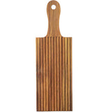 A handled, rectangular wooden board with ridges.