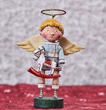 The blonde angel figurine wearing the golden halo, bluish grey shirt, and tan pants with black shoes, holds the toy sculpture figurine of a horse against a red and white background.