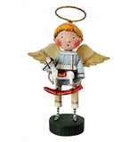 This sculpted figurine is of a Christmas angel with blonde hair, white wings, a golden halo, and wearing a blue grey shirt, tan pants, and black shoes with black and white socks. In both hands, he holds a sculpted toy figurine of a horse.