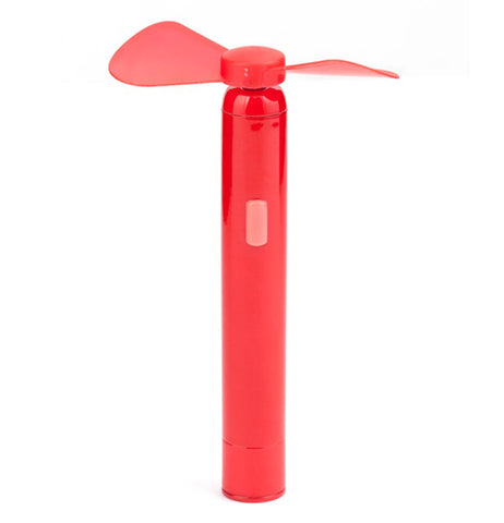 A red, two pronged fan. There is a small button on the front.