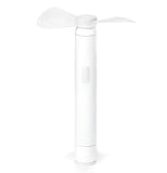 A white, two pronged fan. There is a small button on the front.