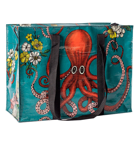 The Shoulder Tote shows a red octopus with a black handle on the side. 
