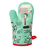 This oven mitt has a turquoise blue fabric with a man in a shirt delivering boxes of pizza to dinner guests with a black text that says, "Pizza's Here".