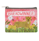 The "Breadwinner" Coin Purse shows a female lion with two of her cubs with white and pink flowers and green grass. 