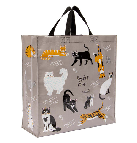 This large gray bag with black handles has a design of different breeds of house cat. In the middle of the bag, in black lettering, are the words, "People I Love: 1. Cats".