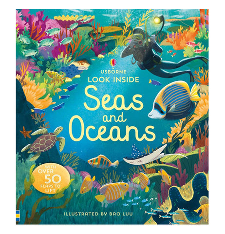 This book describes the ocean and the sea with different sea creatures and fish and a scuba diver taking pictures of the ocean. The name of the book is called Sea's and Oceans.