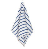 A white dish towel with blue stripes is shown hanging.