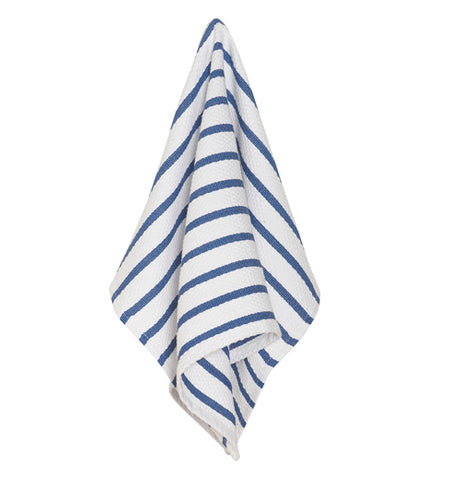A white dish towel with blue stripes is shown hanging.
