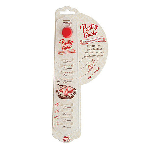 This set of rotating rulers have holes in them for cutting pastries into different sizes. The word, "Pastry Guide" is written at the top in red lettering.