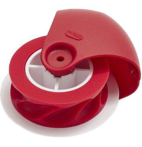 The Pastry Wheel Decorator is red a colored gadget for making pie crusts with a detachable guide that hugs the pie pan.