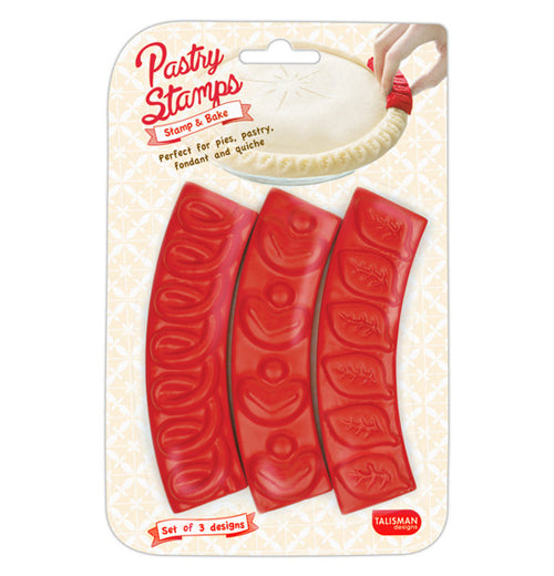 The red Pastry Stamps are Three in a Package. One Stamps Out a leaf ,the other a heart and the other Rings. 