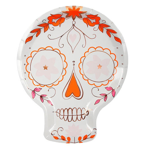 The "Sugar Skull" paper plate has a design of a traditional sugar skull with orange, pink, and copper floral designs outlining the skull&