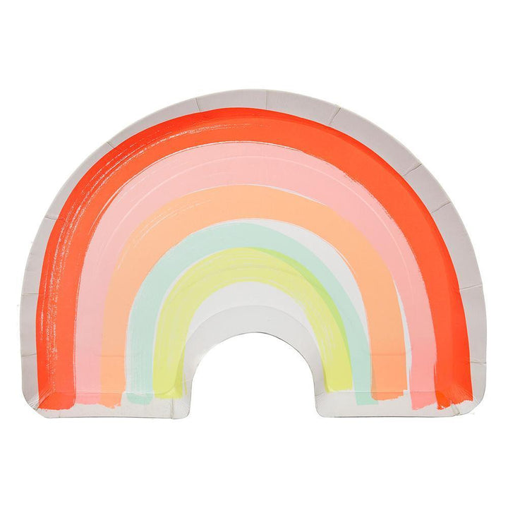 The plate is in the shape of a rainbow with neon red, pink, orange, light blue, and yellow corlors.