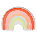 The plate is in the shape of a rainbow with neon red, pink, orange, light blue, and yellow corlors.