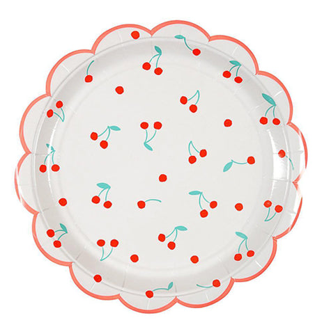 The Large "Cherry" Plate has the scalloped edge to it with a pattern of red cherries and green stems on a white background. 