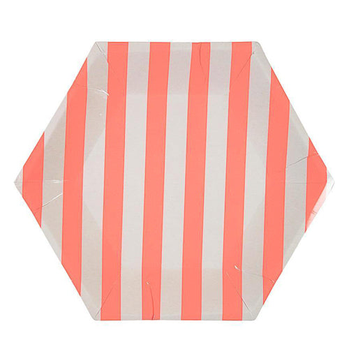 This "Coral Stripe" plate has a hexagonal shape with coral pink and white stripe design. 